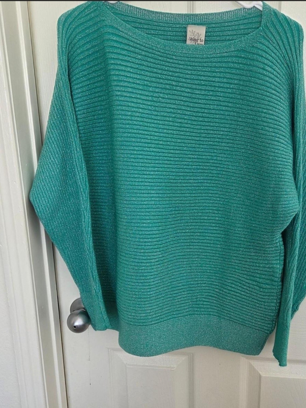 Wear To Love Teal Metallic Ribbed Scoop Neck Sweater